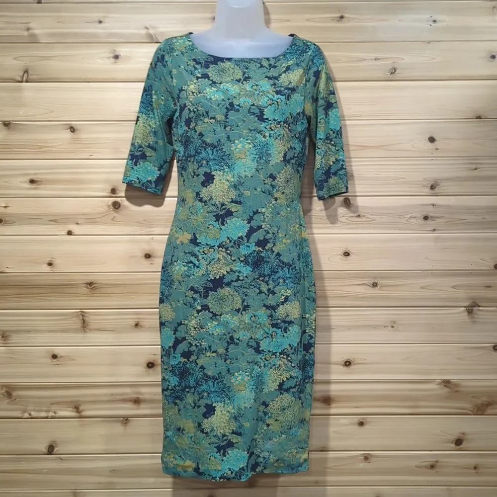 Peruvian Connection Dress Womens XS Blue Green Pima Cotton Shift Midi